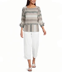 Ali Miles Yarn Dye Woven Stripe Round Neck 3/4 Sleeves Top