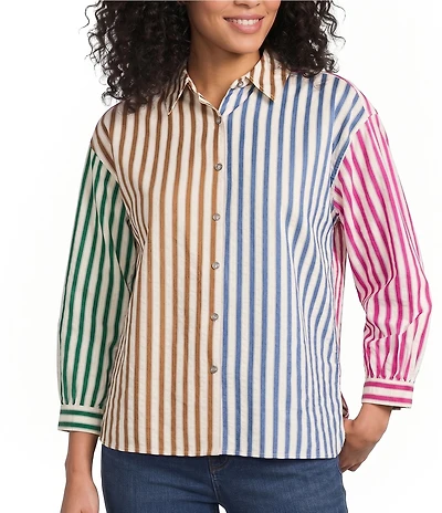 Ali Miles Yarn Dyed Multi Color Stripe Point Collar 3/4 Cuffed Sleeve Button Front Hi-Low Hem Shirt