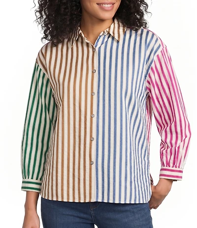 Ali Miles Yarn Dyed Multi Color Stripe Point Collar 3/4 Cuffed Sleeve Button Front Hi-Low Hem Shirt