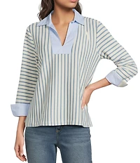 Ali Miles Yarn-Dyed Stripe Collared Split V-Neck Long Sleeve Tunic