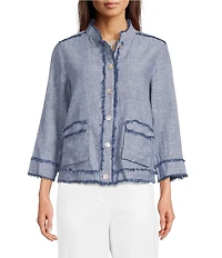 Ali Miles Yarn-Dyed Woven Frayed Stand Collar 3/4 Sleeve Button Front Jacket