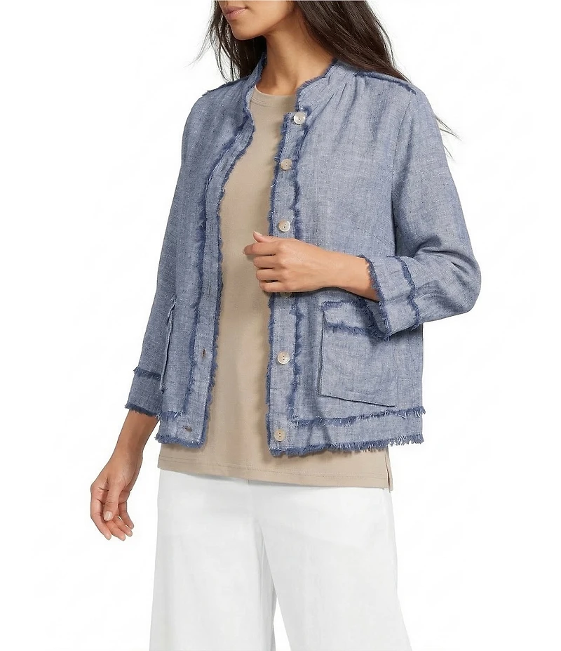 Ali Miles Yarn-Dyed Woven Frayed Stand Collar 3/4 Sleeve Button Front Jacket