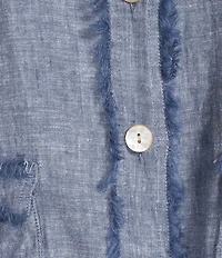 Ali Miles Yarn-Dyed Woven Frayed Stand Collar 3/4 Sleeve Button Front Jacket