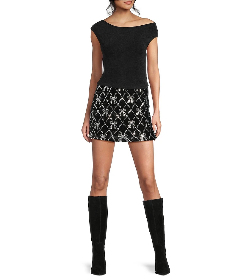All in Favor Bow Sequin Mini Velvet Skirt