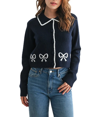 All in Favor Collared Bow Print Long Sleeve Cardigan