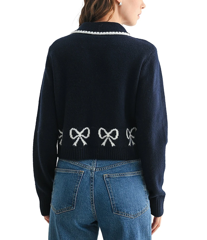 All in Favor Collared Bow Print Long Sleeve Cardigan