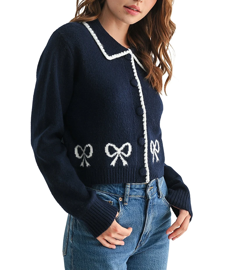 All in Favor Collared Bow Print Long Sleeve Cardigan