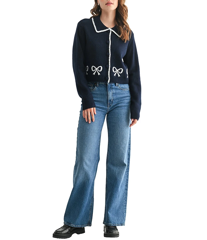 All in Favor Collared Bow Print Long Sleeve Cardigan