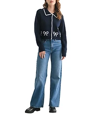 All in Favor Collared Bow Print Long Sleeve Cardigan