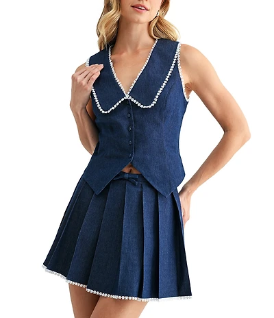 All in Favor Embroidered Contrast Collar Denim Vest