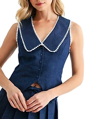 All in Favor Embroidered Contrast Collar Denim Vest