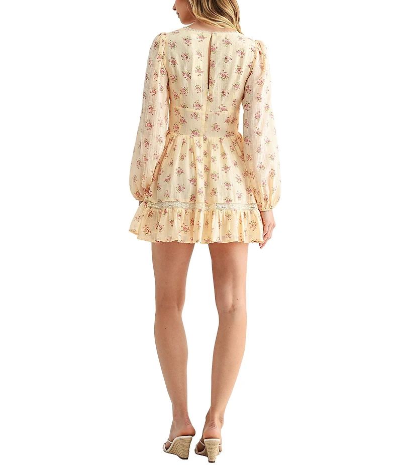 All in Favor Floral Print Long Sleeve Lace Contrast Fit & Flare Mini Dress