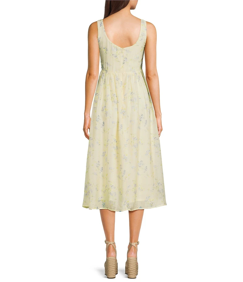 All in Favor Floral Print Square Neck Sleeveless Shirred A-Line Midi Dress