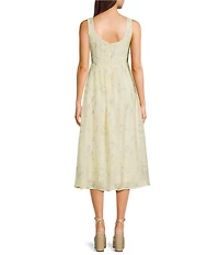 All in Favor Floral Print Square Neck Sleeveless Shirred A-Line Midi Dress