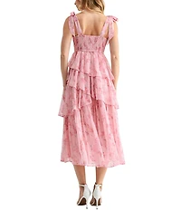 All in Favor Floral Tie Shoulder Tiered Ruffle Midi Dress