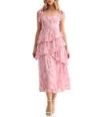 All in Favor Floral Tie Shoulder Tiered Ruffle Midi Dress