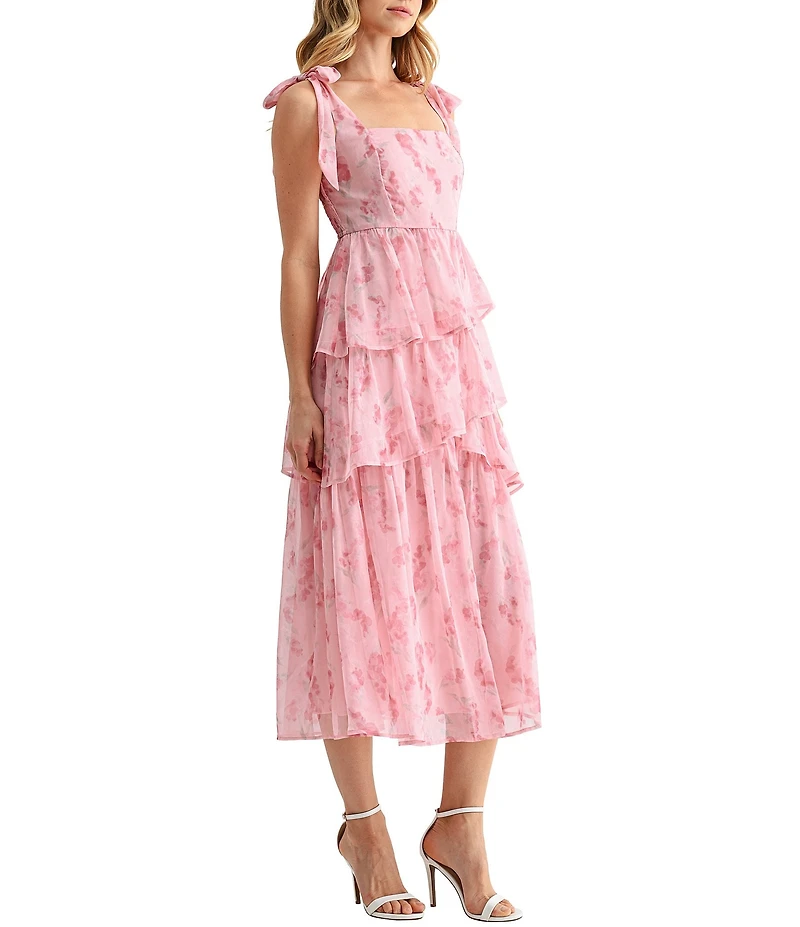 All in Favor Floral Tie Shoulder Tiered Ruffle Midi Dress