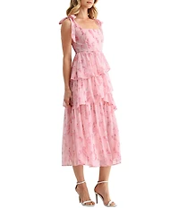 All in Favor Floral Tie Shoulder Tiered Ruffle Midi Dress