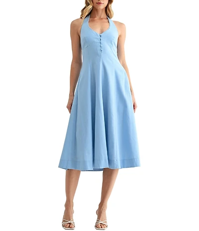 All in Favor Halter Button Detail Fit & Flare Midi Dress