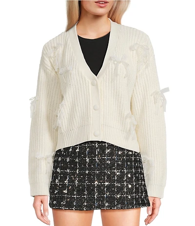 All in Favor Lace Pearl Bow Application Cardigan