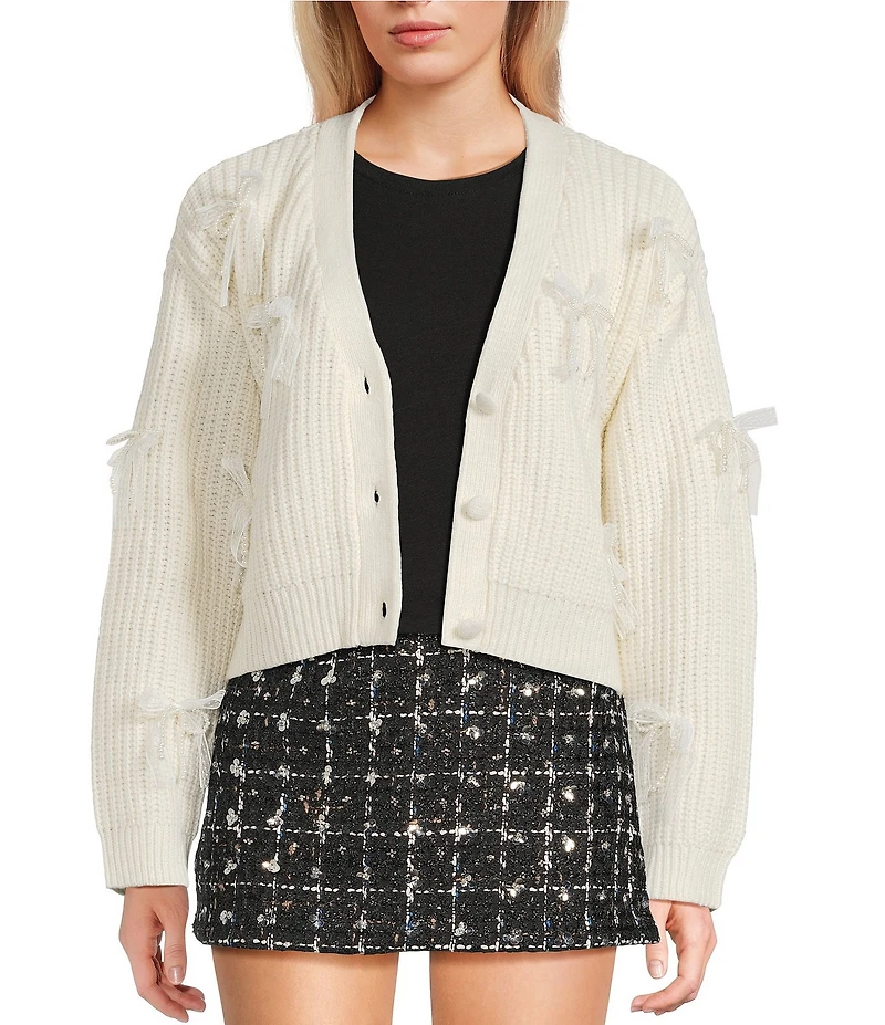 All in Favor Lace Pearl Bow Application Cardigan