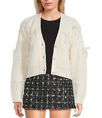 All in Favor Lace Pearl Bow Application Cardigan