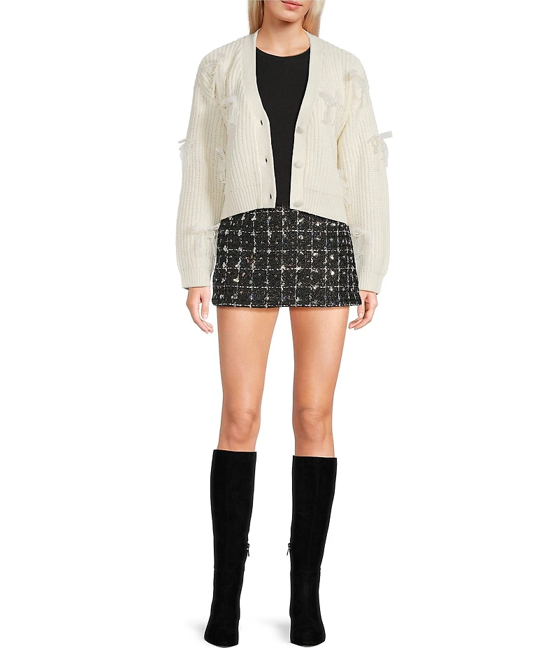 All in Favor Lace Pearl Bow Application Cardigan