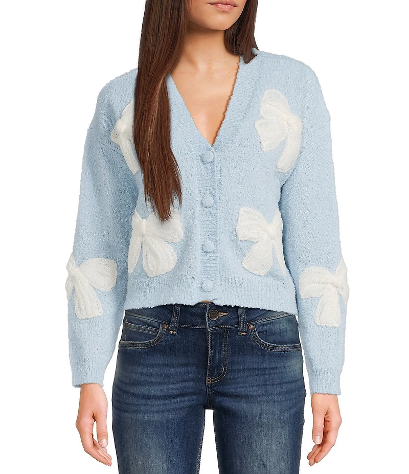 All in Favor Long Sleeve V-Neck Bow Applique Cardigan