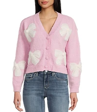 All in Favor Long Sleeve V-Neck Bow Applique Cardigan