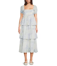 All in Favor Patchwork Print Square Neck Short Puff Sleeve Tiered Midi Dress