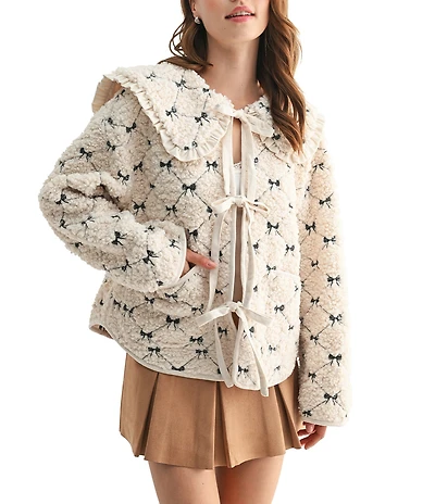 All in Favor Peter Pan Sherpa Bow Embroidered Tie Front Jacket