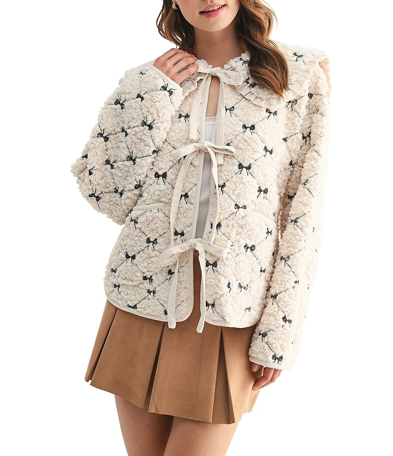All in Favor Peter Pan Sherpa Bow Embroidered Tie Front Jacket