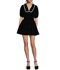 All in Favor Puff Sleeve Collared Velvet Mini Dress