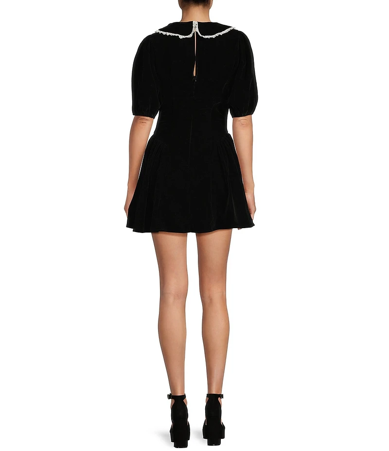 All in Favor Puff Sleeve Collared Velvet Mini Dress