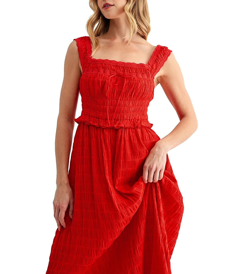 All in Favor Square Neck Ruched Waist Midi Dress