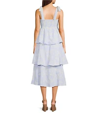 All in Favor Tie Shoulder Embroidered Tier Midi Dress