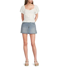 All in Favor Woven Floral Print Flutter Sleeve Lace Contrast Top