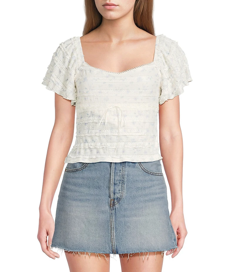 All in Favor Woven Floral Print Flutter Sleeve Lace Contrast Top