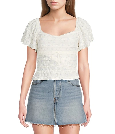 All in Favor Woven Floral Print Flutter Sleeve Lace Contrast Top
