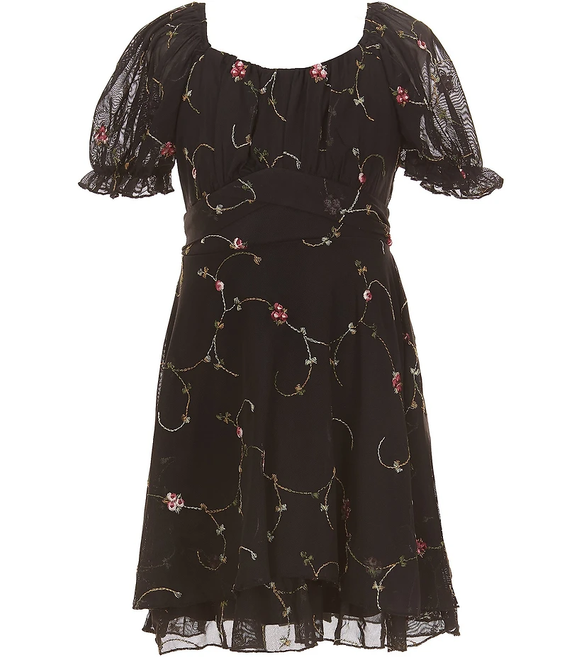 Allison & Kelly Big Girls Floral Embroidered Mesh Short Sleeve Criss Cross Dress