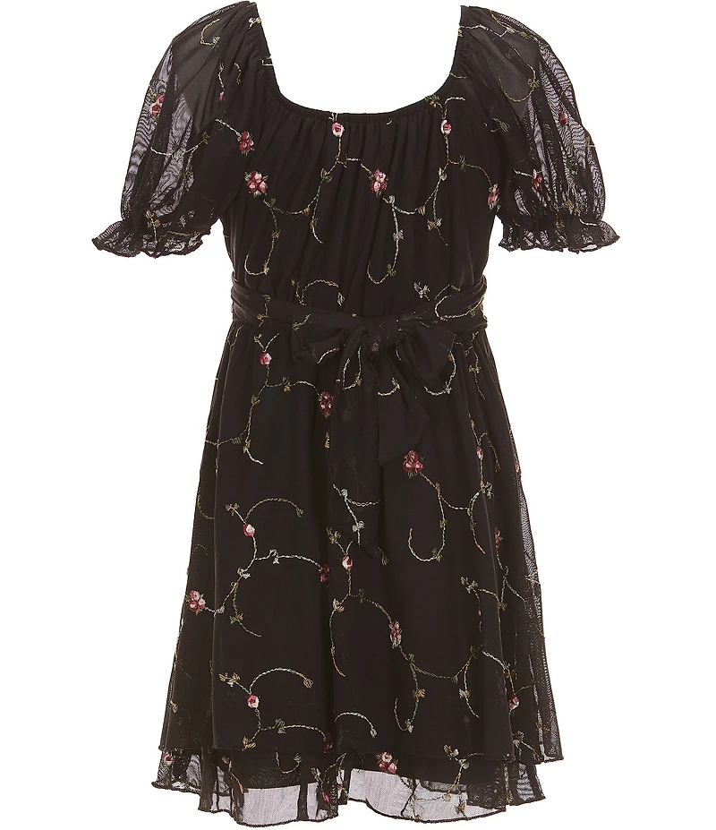 Allison & Kelly Big Girls Floral Embroidered Mesh Short Sleeve Criss Cross Dress