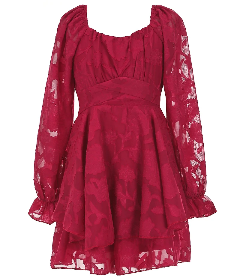 Allison & Kelly Big Girls Long Sleeve Floral Tonal Burnout Jacquard Chiffon Dress