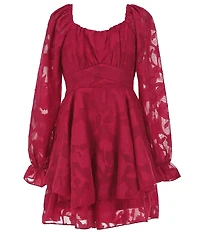 Allison & Kelly Big Girls Long Sleeve Floral Tonal Burnout Jacquard Chiffon Dress