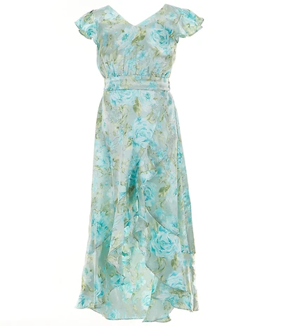 Allison & Kelly Big Girls Short Ruffle Sleeve Floral Satin Jacquard High-Low Dress