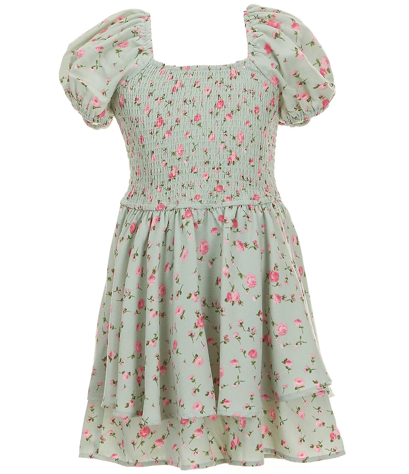 Allison & Kelly Big Girls Floral Print Short Puffed Sleeve Square Neck Smocked Layered Hem Romper