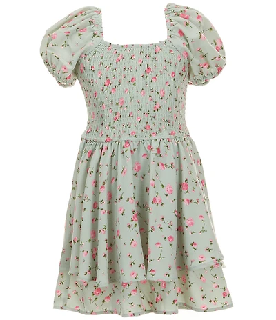Allison & Kelly Big Girls Floral Print Short Puffed Sleeve Square Neck Smocked Layered Hem Romper