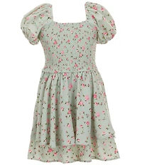 Allison & Kelly Big Girls Floral Print Short Puffed Sleeve Square Neck Smocked Layered Hem Romper