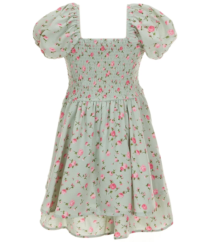 Allison & Kelly Big Girls Floral Print Short Puffed Sleeve Square Neck Smocked Layered Hem Romper