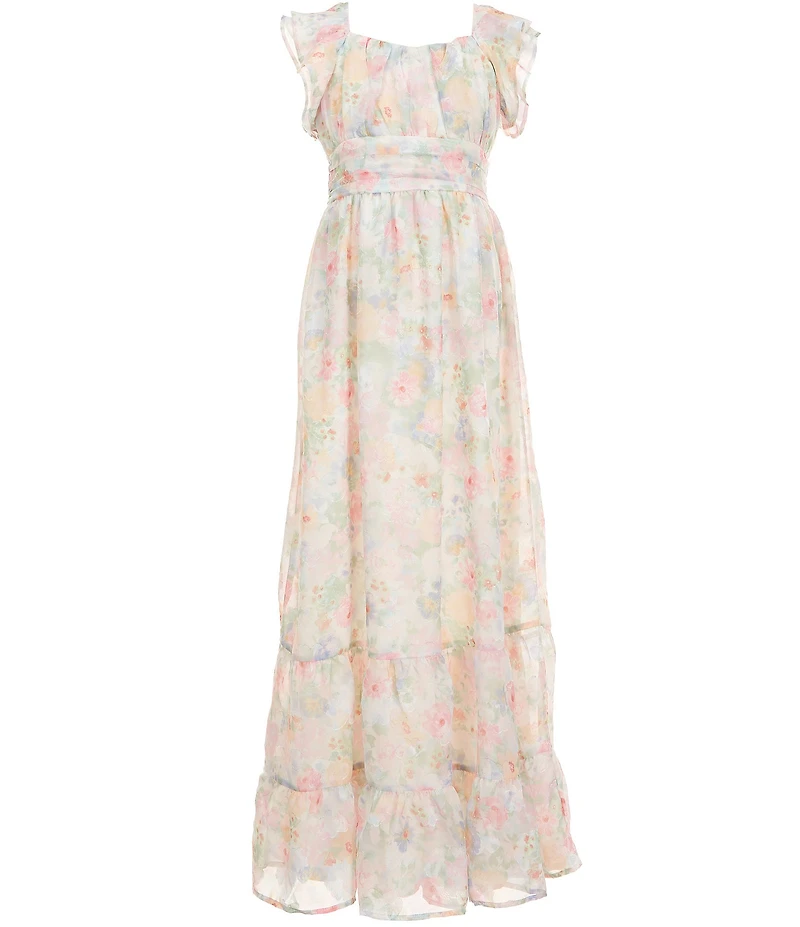 Allison & Kelly Big Girls Flutter-Sleeve Floral Jacquard/Chiffon Long Dress