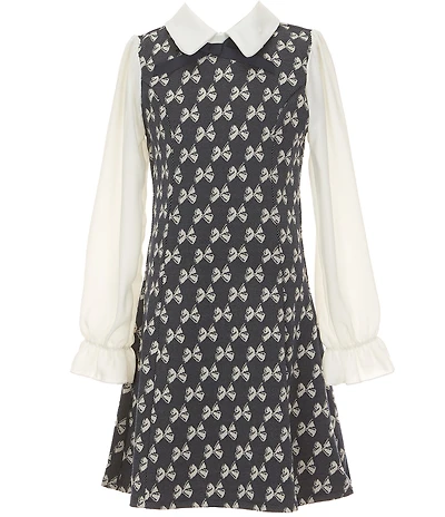 Allison & Kelly Big Girls Long-Sleeve Color Block Bow-Pattern/Solid A-Line Dress